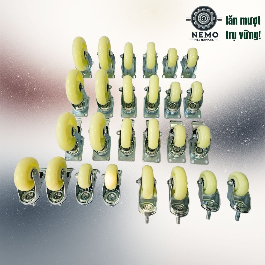 Bánh Xe Nylon Trắng Cọc Vít M12 – Chống Nước, Kháng Hóa Chất (D75, D100, D125)